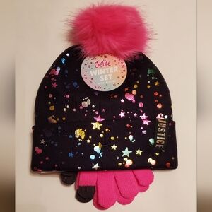 Justice Iridescent Foil Print Black Winter Hat and Touch Screen Gloves Set New
